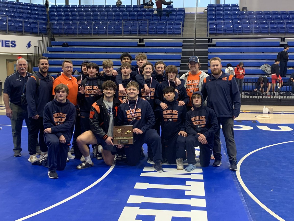 WarEagleWrestle's tweet photo. 6A WEST REGIONAL CHAMPIONS! 

Heritage Men’s Wrestling wins the programs 5th Conference Championship highlighted by 3️⃣ individual conference champions and qualified 9️⃣ men for the state tournament next weekend in Little Rock! 

#BeTheStandard https://t.co/EA1VuxPtC7