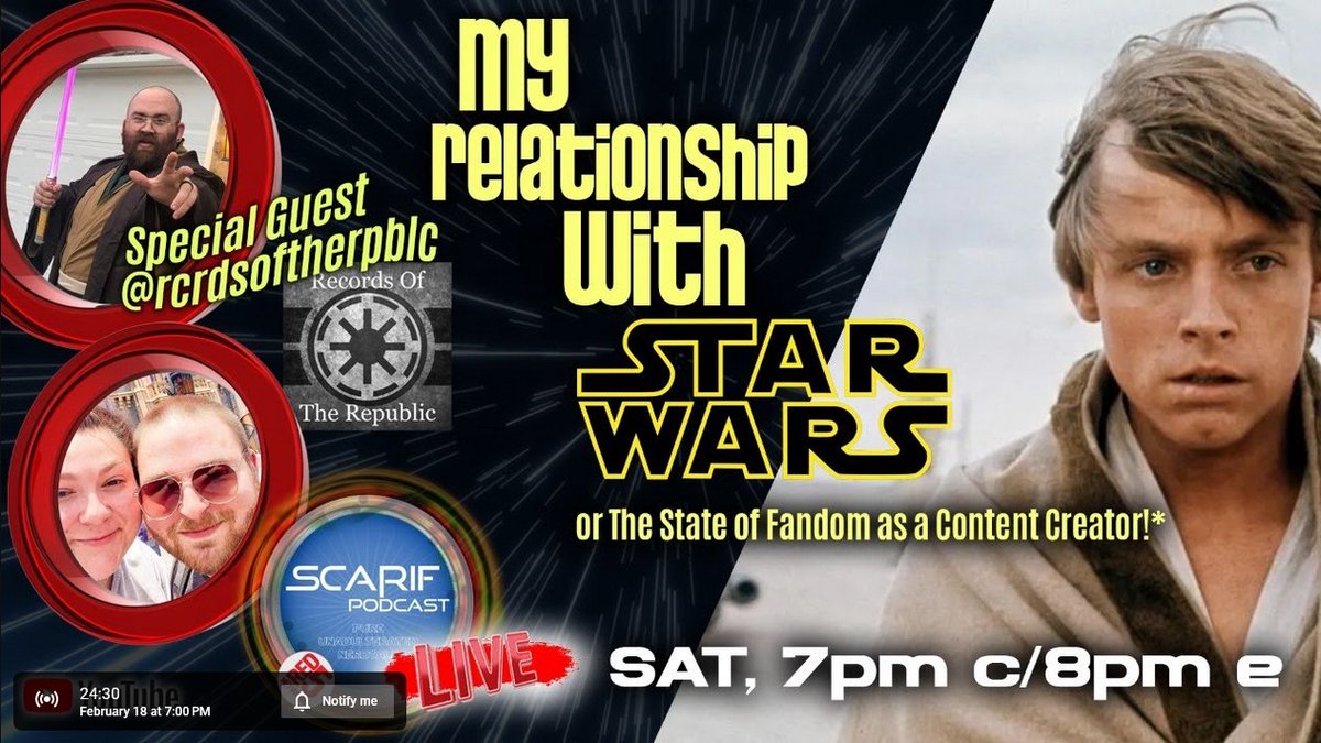 Join us in about 30 minutes on #ScarifLive for a healthy discussion on our unhealthy obsession with #StarWars with guest @rcrdsoftherpblc 

youtube.com/watch?v=J3T4g0…