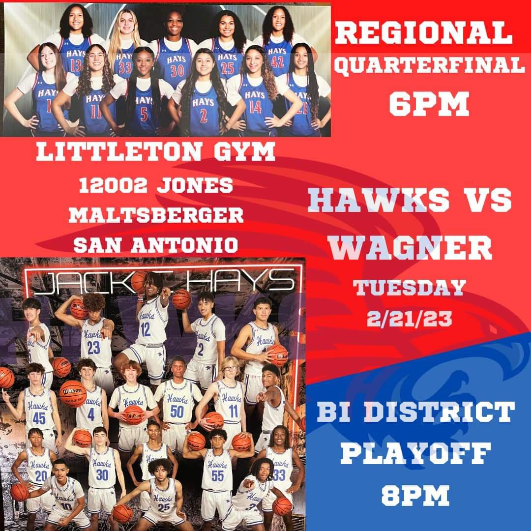 EndiaStigall's tweet photo. 🗣PLAYOFFS Doubleheader!!!
Hays Hawks🟦🟥 Vs. Wagner T-Birds
Yall better pop out and get your 🍿‼️
📅Tuesday, Feb. 21
⏰️6/8pm‼️
📍Littleton Gym(SA)
🆚️Wagner
 @lady_hays @hoopshop_GBR @GOHAYSHAWKS @ACH_GBB
@girlzprepreport @PBRhoops @PGHTexas @IMCOMING_INC @PassThaBall @FlxAtx https://t.co/HDMb5siqCW