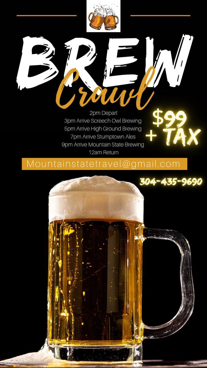 Mountainstatet1's tweet image. Get your seats reserved for our first scheduled crawl!  3/3/23 departing at 2pm from Morgantown!  

#morgantownwv #WVU #wvcraftbeer #wvbreweries #mountainstatetravel #WestVirginia #wv #wvtourism
