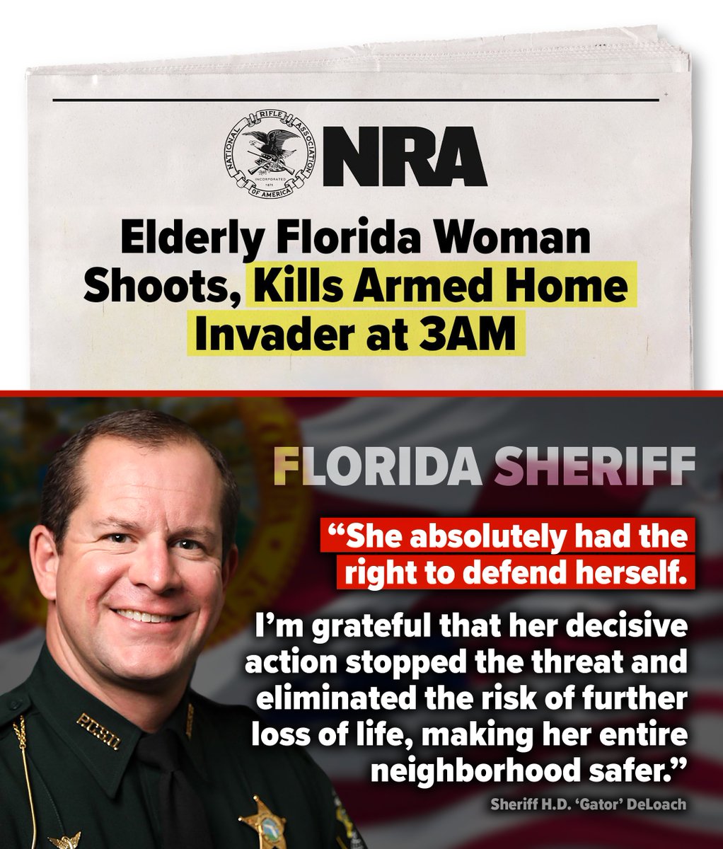 A 67yo Florida woman awoke at 3 AM to the sound of the door handle rattling. A home invader forced his way and raised his gun at the woman. She drew her gun and shot &amp; killed the assailant. 

Thank God for #2A. 

More by <a href="/AWRHawkins/">AWR Hawkins</a>/<a href="/BreitbartNews/">Breitbart News</a>➡️ nra.wiki/floridawoman