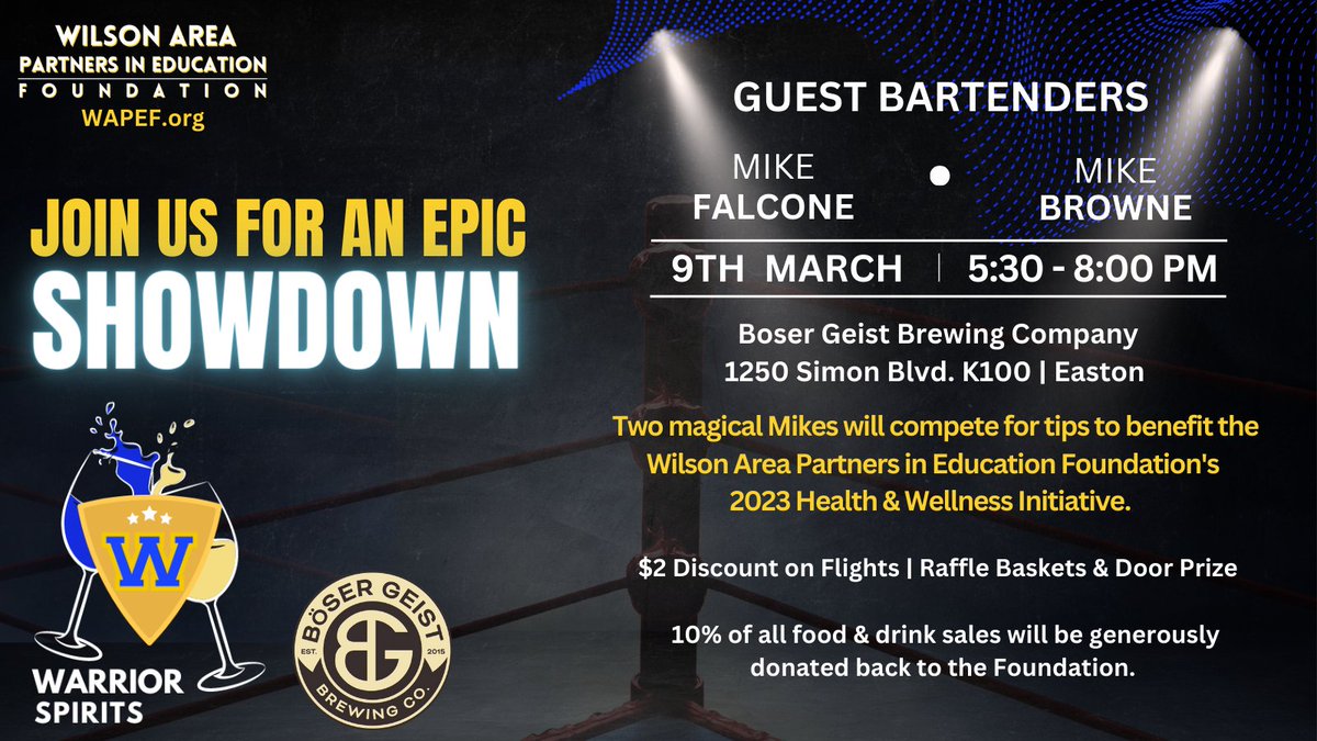Mark your calendars—this will be a fun one! Grab your friends and join us for Warrior Spirits on March 9th at Boser Geist Brewing Company! WAPEF.org. #lehighvalley #partnersineducation #eastonpa #wilsonwarriors #lvpa
