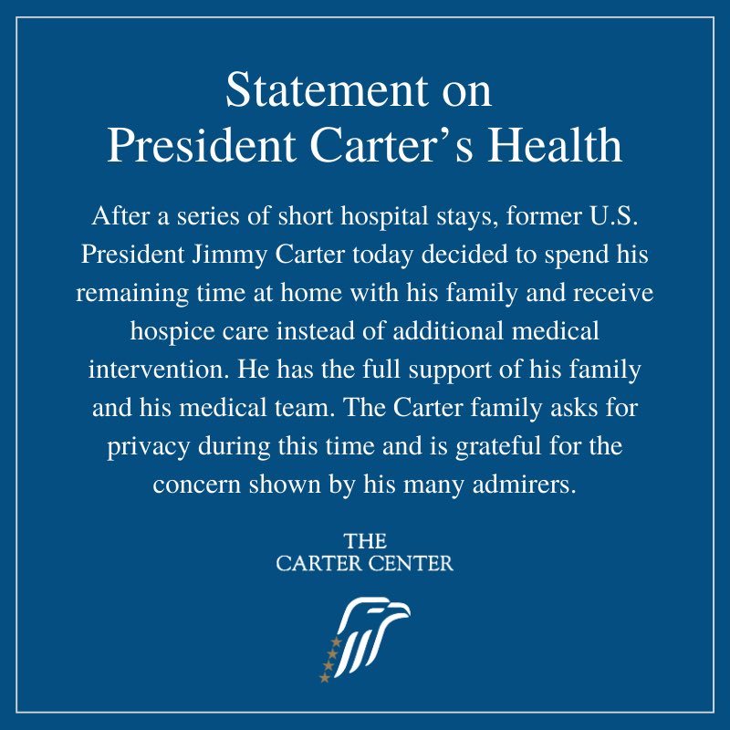 Too many take the measure of a man in the power and possessions he has amassed; President Carter has led a life and set an example showing the true measure is in how much one has given. Thank you, Mr. President. Our thoughts are with President Carter, his family, and loved ones.