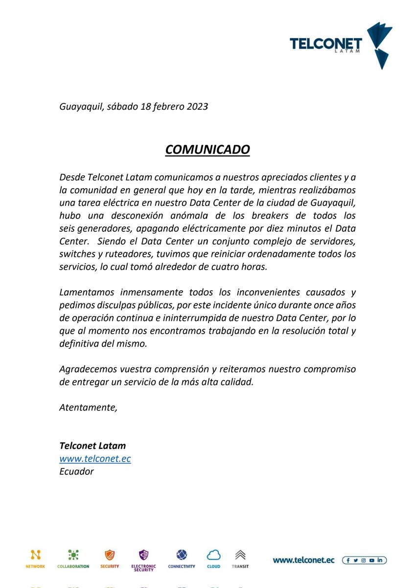 TommyTopic's tweet photo. Lamentamos inmensamente y pedimos disculpas públicas x este grave y anómalo incidente eléctrico qué tuvimos el día de hoy en nuestro Data Center de Guayaquil. Estamos y seguiremos trabajando en la solución total y definitiva. https://t.co/T7A0DpNqZa