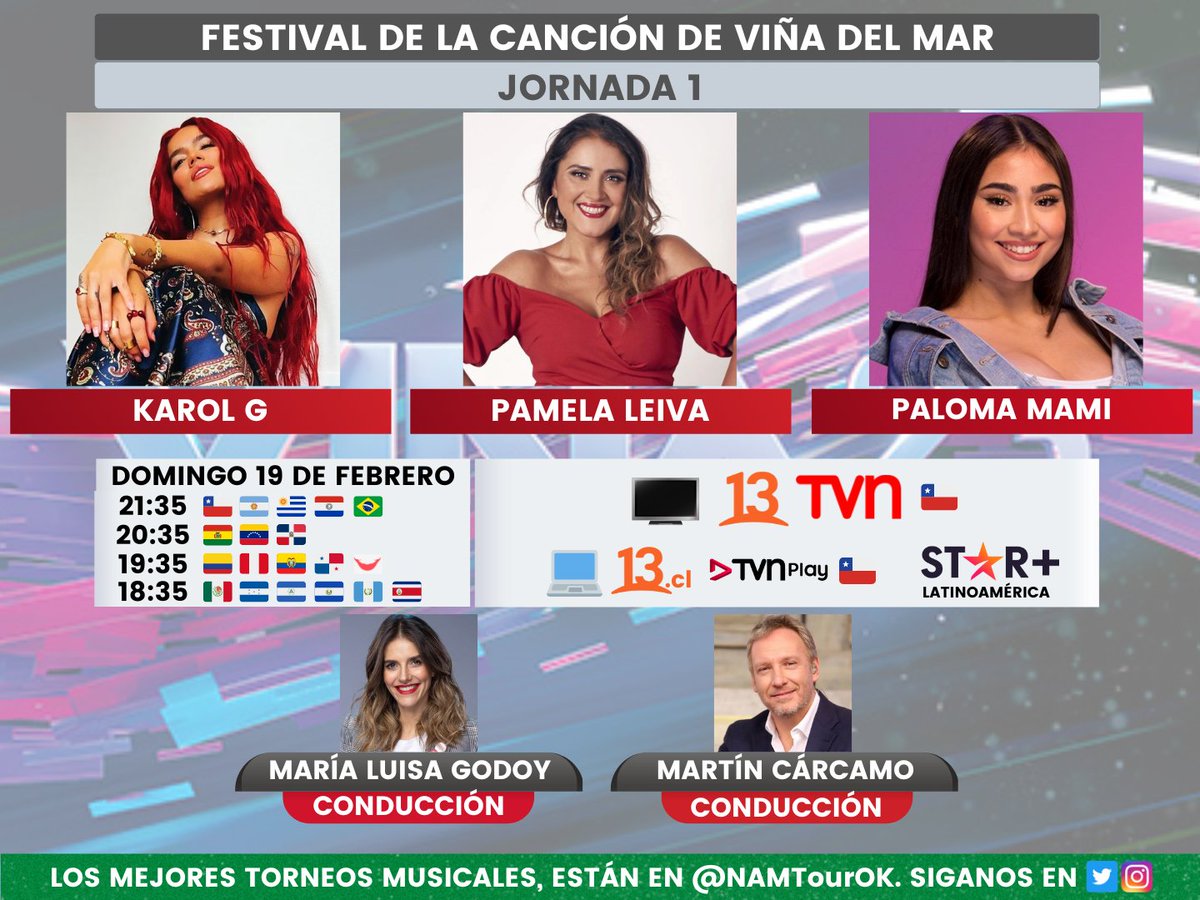 NAMTourOK's tweet photo. 🎵 #FestivalDeViña2023 - Jornada 1 🎵

🎤 #KarolG (@karolg)
🗣️ #PamelaLeiva (@pamelita_leiva) 
🎤 #PalomaMami (@palomamamicl) 

🎙️ María Luisa Godoy 
🎙️ Martín Cárcamo

📺 #Canal13 y #TVN 🇨🇱
💻#StarPlus Latinoamérica
🤳 #Viña2023 / #Viña23 https://t.co/zR4GdShoRK