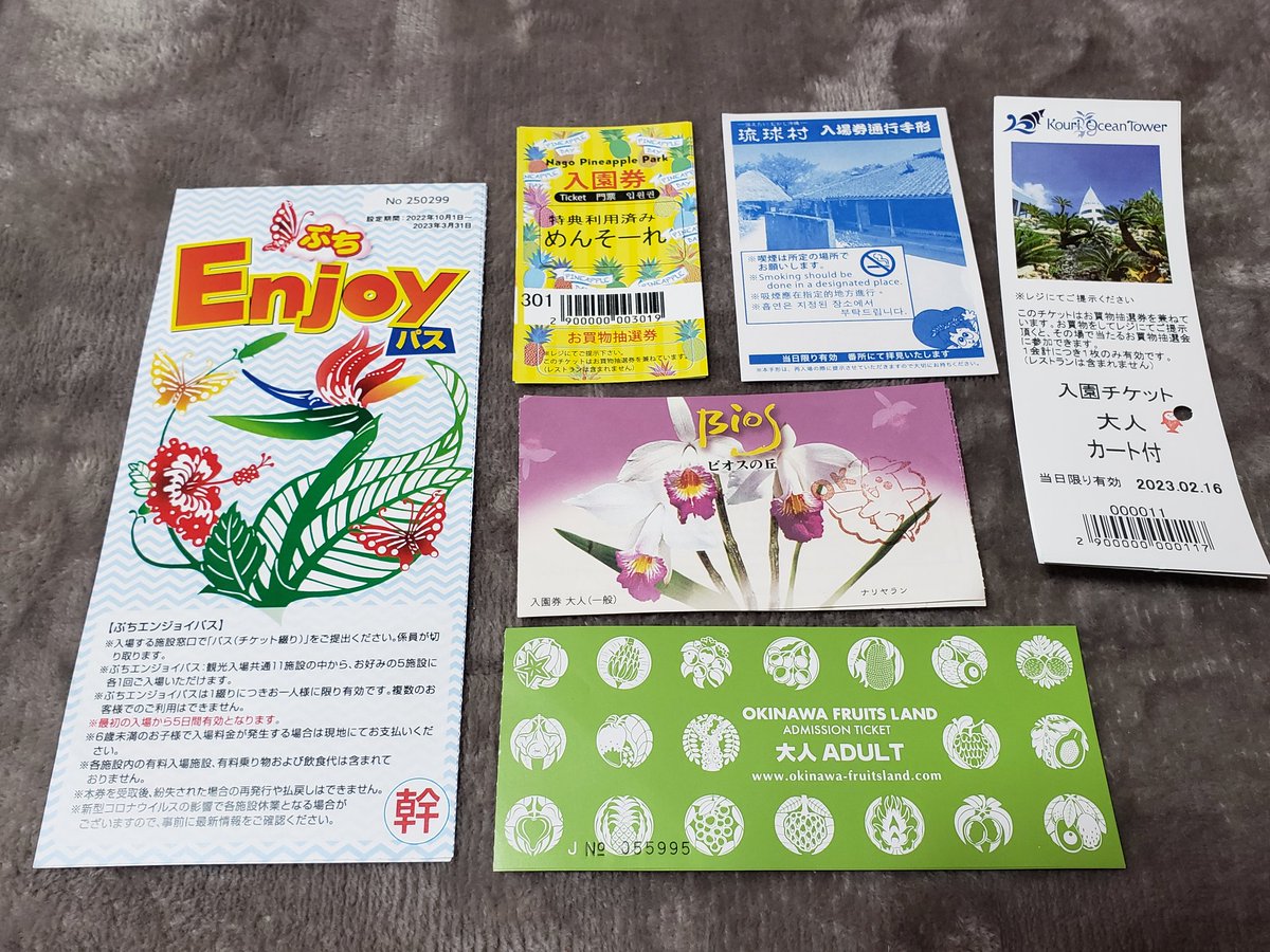 miyatan0912's tweet photo. エンジョイパス1枚2600円で購入5枚綴りで　琉球村（1500円）、ビオスの丘（1800円）、フルーツランド（1200��）、��護パイナップルパーク（1200円)、古宇利オーシャンタワー（1000円) 合計6700円だったので　4100円お得になった。
#お得
#沖縄
#リウボウで購入 https://t.co/3Ajlh5q6zb