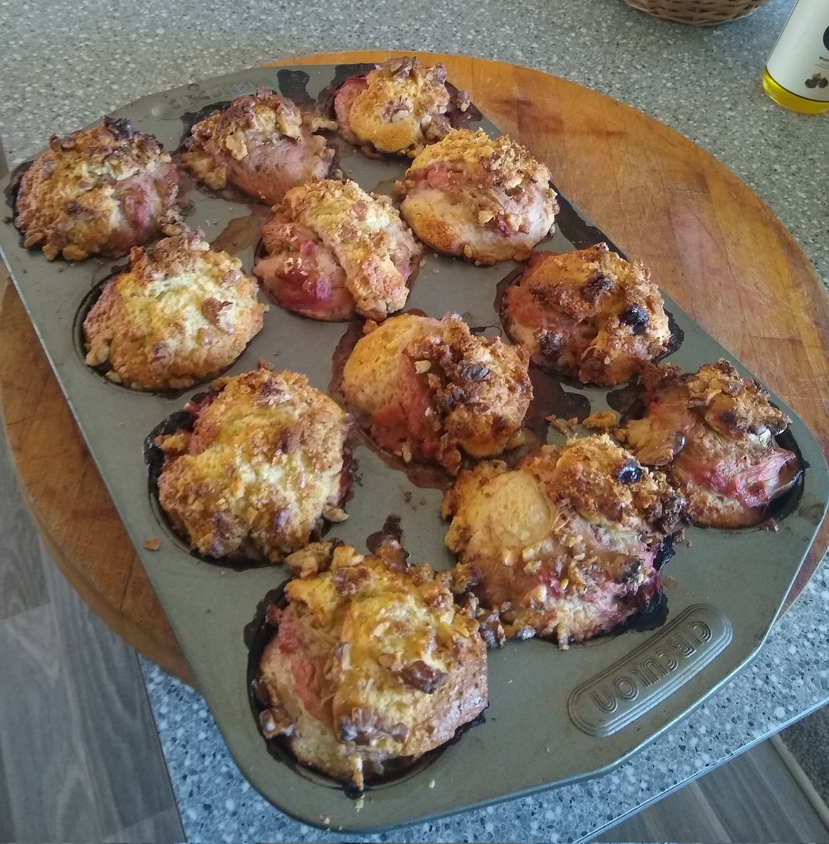 Rhubarb (homegrown) &amp; walnut muffins for the office tomorrow. Not been in for a while (travel/weather) so these are the first for 2023 #firstcomefirstserved