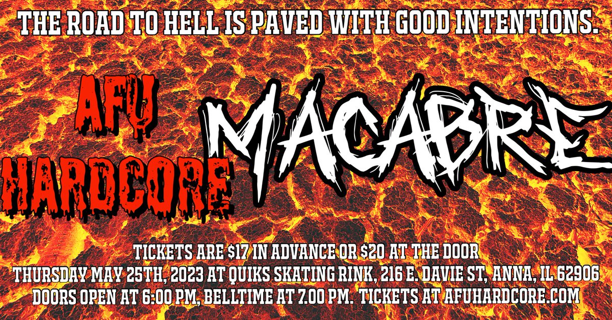 Tickets to our next event, AFU Hardcore presents Macabre, are on sale now at AFUHardcore.com 

#Nashville #CapeGirardeau #DeathmatchWrestling #StLouis #Wrestling #IndyWrestling #SEMO  #STL #Chicago #CarbondaleIllinois #IndieWrestling #ProWrestling #Carbondale #AFUHardcore