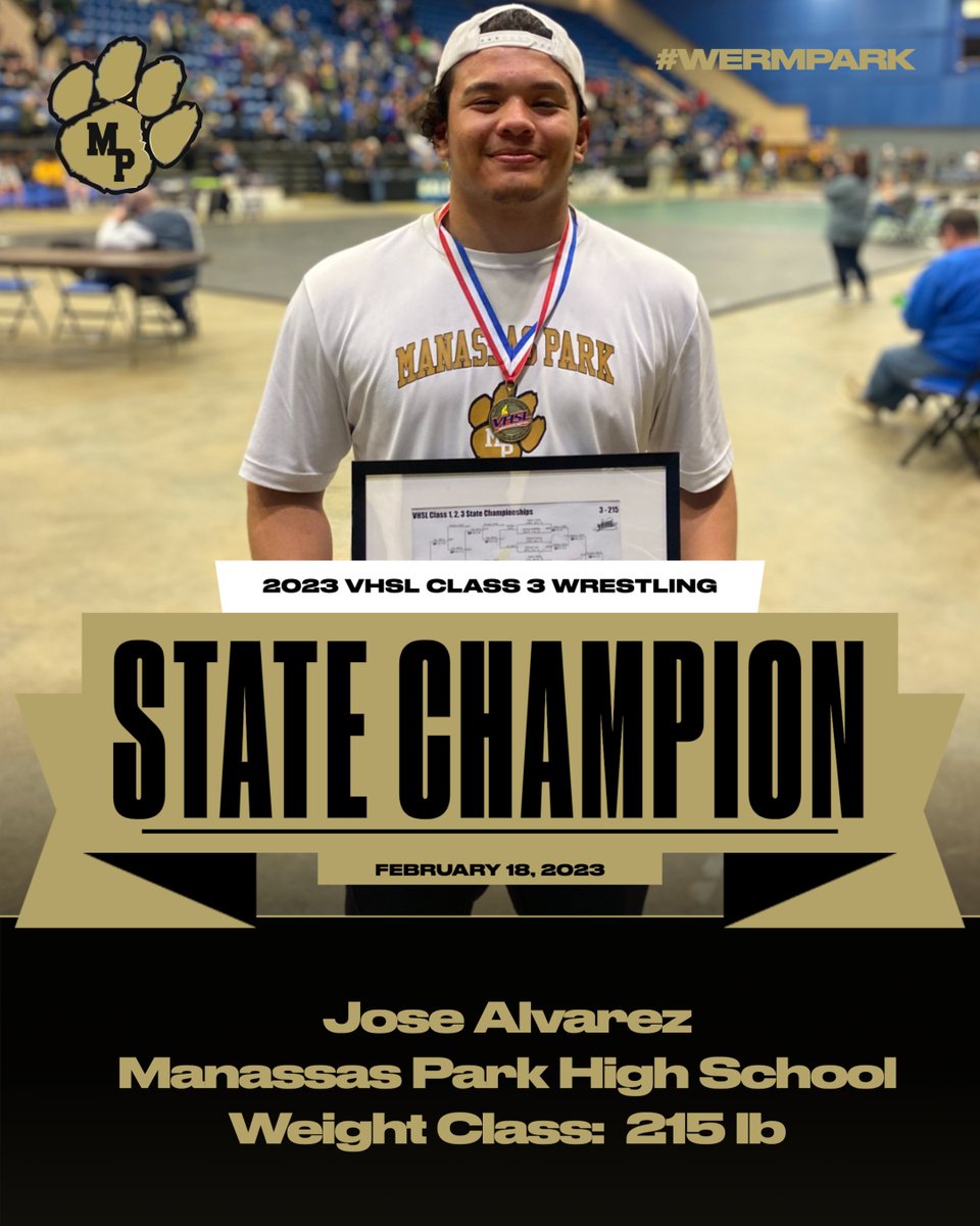 Congratulations to Jose Alvarez, the VHSL Class 3 Wrestling State Champion at 215 lbs.  #WERMPARK