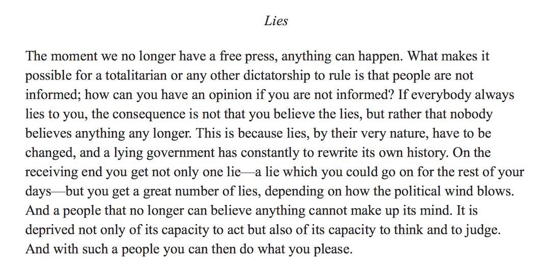 "What makes it possible for a totalitarian or any other dictatorship to rule is that people are not informed. How can you have an opinion if you are not informed?"

— Hannah Arendt, 1974