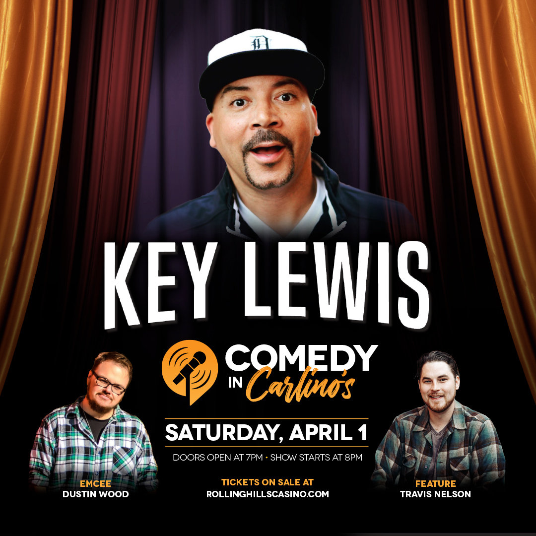 No foolin'! #KeyLewis comes to #ComedyInCarlinos on Sat, Apr 1st! 🎤 The first #Comedy in #Carlinos show sold out--get your tickets before they're gone! 🎟️ bit.ly/3HHW01S #rhcasino #rollinghills #casino #resort #funny #laughs #norcal #standup #standupcomedy @keylewis