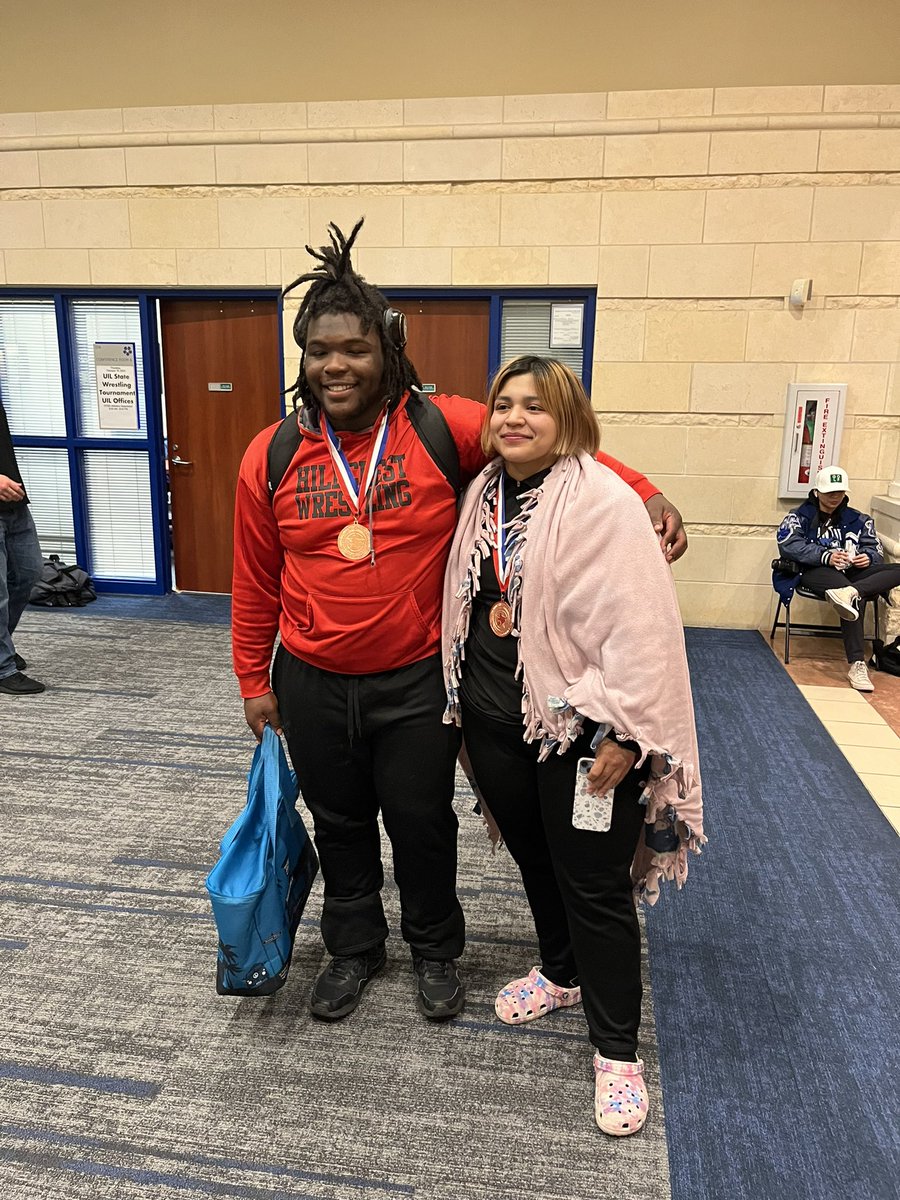 Both Mercedes Fuentes and Clarence Sanders get All-State Honors for Hillcrest as Mercedes places 6th and Clarence places 4th at the UIL State Championships.  Great job to both wrestlers.