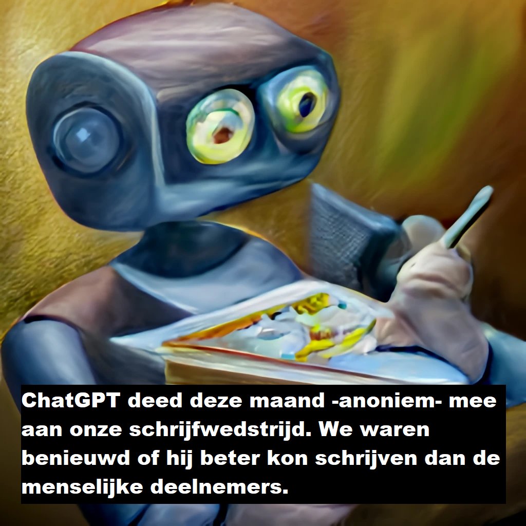 De populaire chatbot chatGPT heeft deze maand -anoniem- meegedaan aan onze schrijfwedstrijd. We waren benieuwd of een robot tegenwoordig beter schrijft dan een mens.

Wat de juryleden vonden? Dat lees je op onze website!

#schrijven #proza #literair #zkv #literatuur