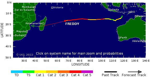 Né au sud de l'Indonésie dans la mer de Timor il y a une vingtaine de jours, #Freddy aura traversé tout le sud de l'Océan Indien d'ici son impact sur l'est de Madagascar la semaine prochaine. 