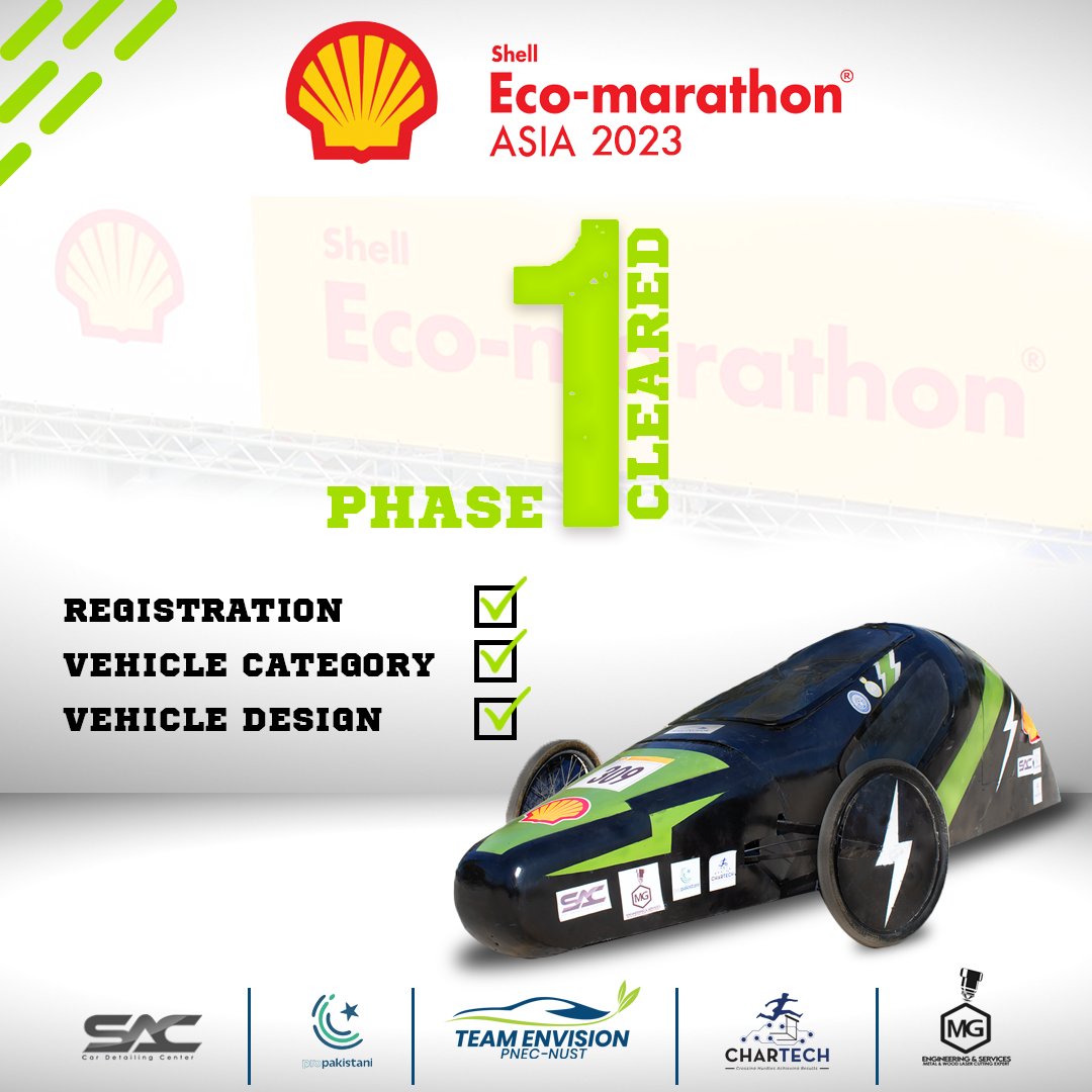 TeamPNEC's tweet photo. We @TeamPNEC  are delighted to announce that we speed through the clearance of Phase 1 of Shell Eco-Marathon Asia 2023. 
#phase1 #cleared #levelup #next #ready #nust #team #pakistan #shell #shellecomarathon #shellecomarathonasia #shellecomarathonasia2023 https://t.co/J5hTF0RvAb