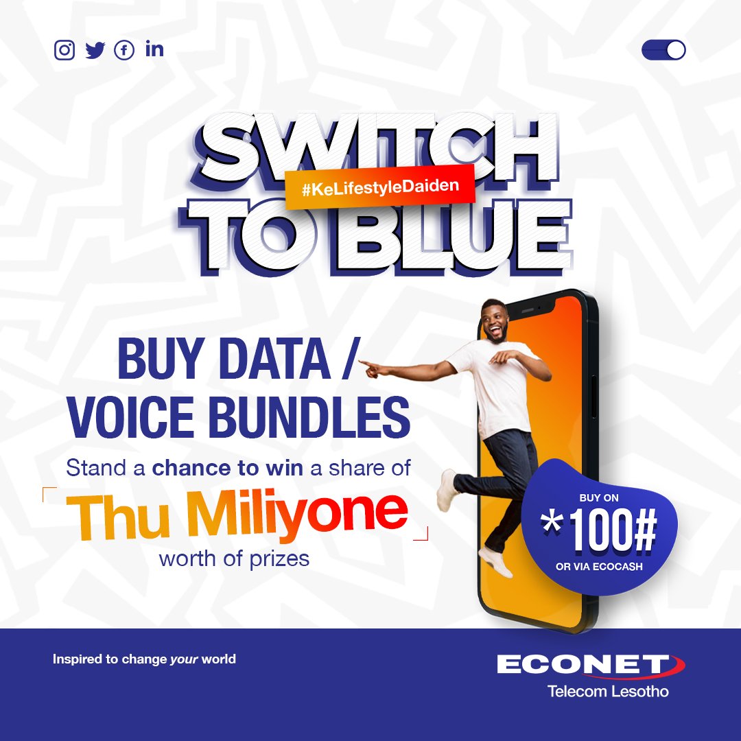 econetlesotho's tweet photo. Time is ticking ⏱️ We are nearing the end of the #SwitchToBlue campaign and the time to enter is now! The lucky grand prize winners will walk away with M200 000, M165 000, A cruise for two and an iPhone 14 Pro Max 🎁
#KeLifestyleDaiden https://t.co/Y92NKdlNtQ