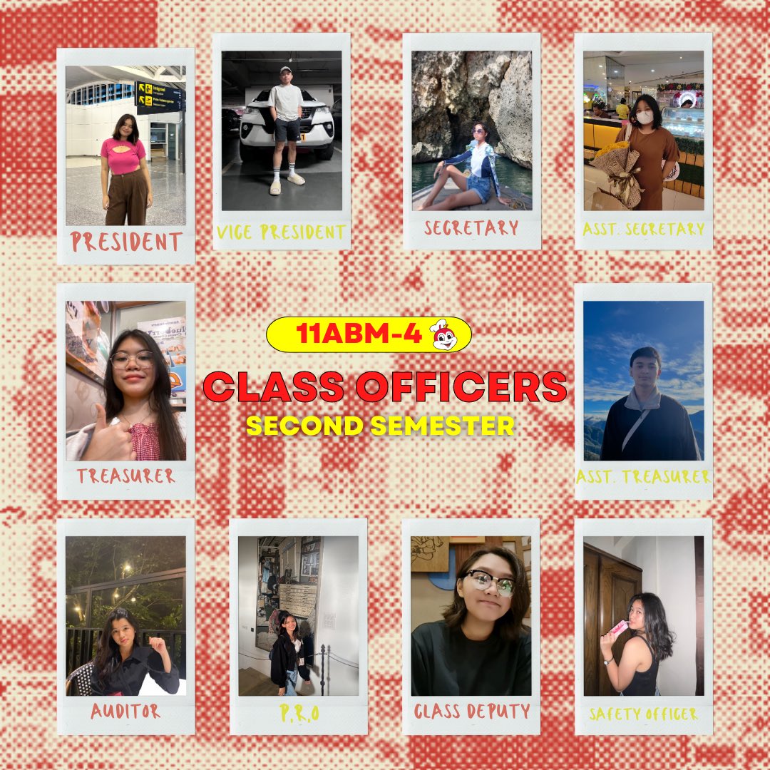ABM4CUTIES_24's tweet photo. Jolly, Jolly! Jollibee! Jolly, Jolly!🐝🎉

Kamay ay ipalakpak 👏 paa’y ipadyak 👟 katawan mo’y iindak. 💃🕺 Halina’t magsaya because the 2nd Term Class Officers of 11ABM-04 A.Y. 2022-2023 are here to serve you even better!🥳 ✨ 
(1/3) https://t.co/QNcvawH8Yh