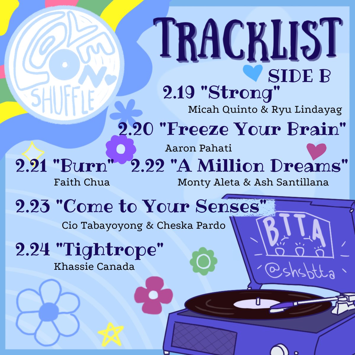 SHSBTTA's tweet photo. Love on Shuffle is back with a new stack of love songs to celebrate the timelessness of love!

Keep tuning in from February 19 to 24, as we post six more covers of our favorite showtunes sung by our BTTA family <3

#MasayaMagingBTTA , can your love withstand the test of time? https://t.co/ILJwBmOUHs