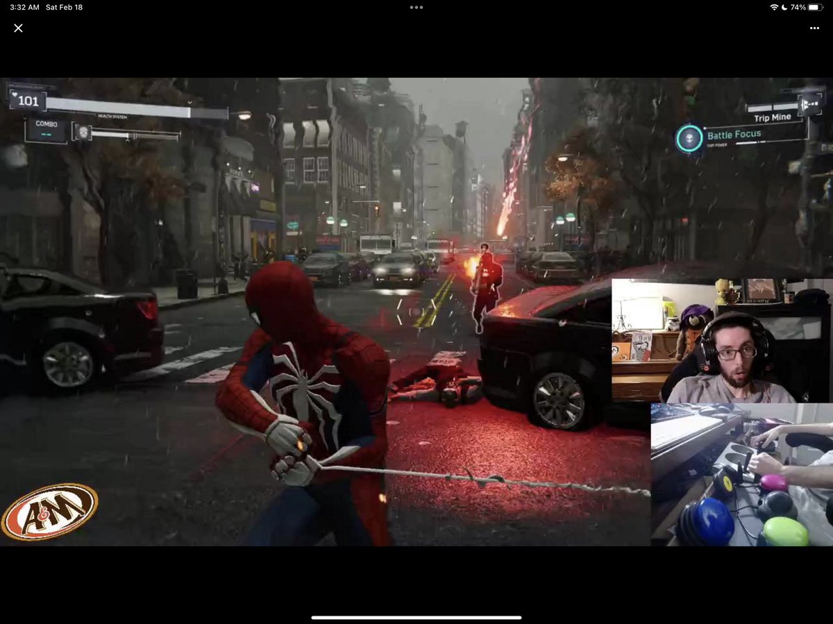 AMrootie's tweet image. This is a low res picture taken from Streamcord, but I love how it captured a fun moment in Spider-Man while using my adaptive controller. Remember, gaming is for everyone! #DisabledGaming #XboxAdaptiveController #AbleGamers #GamingIsForEveryone