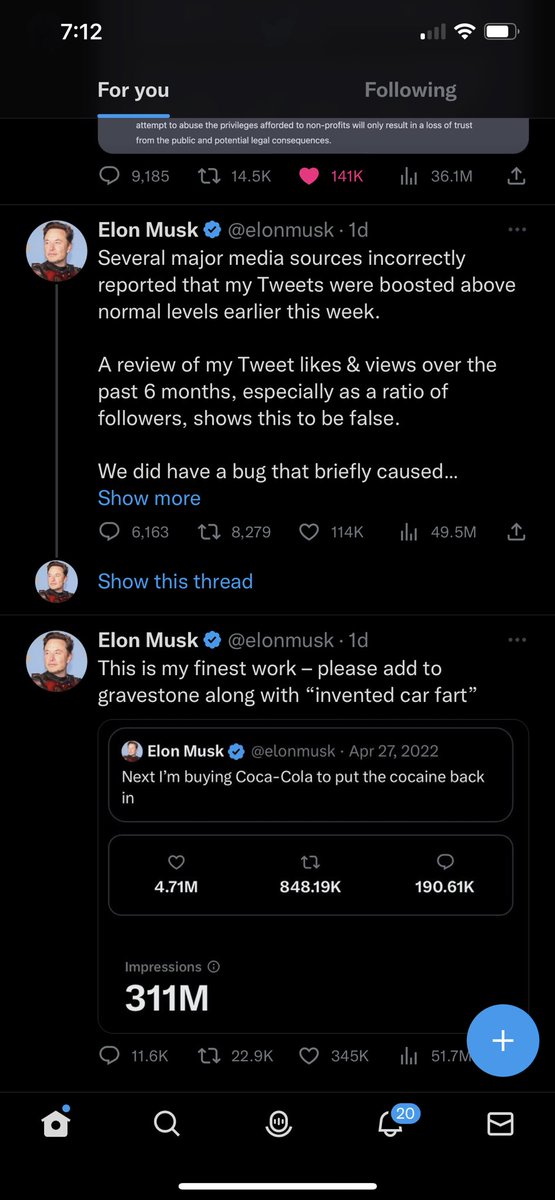 daltonseale's tweet photo. When my “For You” on Twitter is just 4 straight @elonmusk tweets 😂 solid algorithm https://t.co/flYVdJsVAV