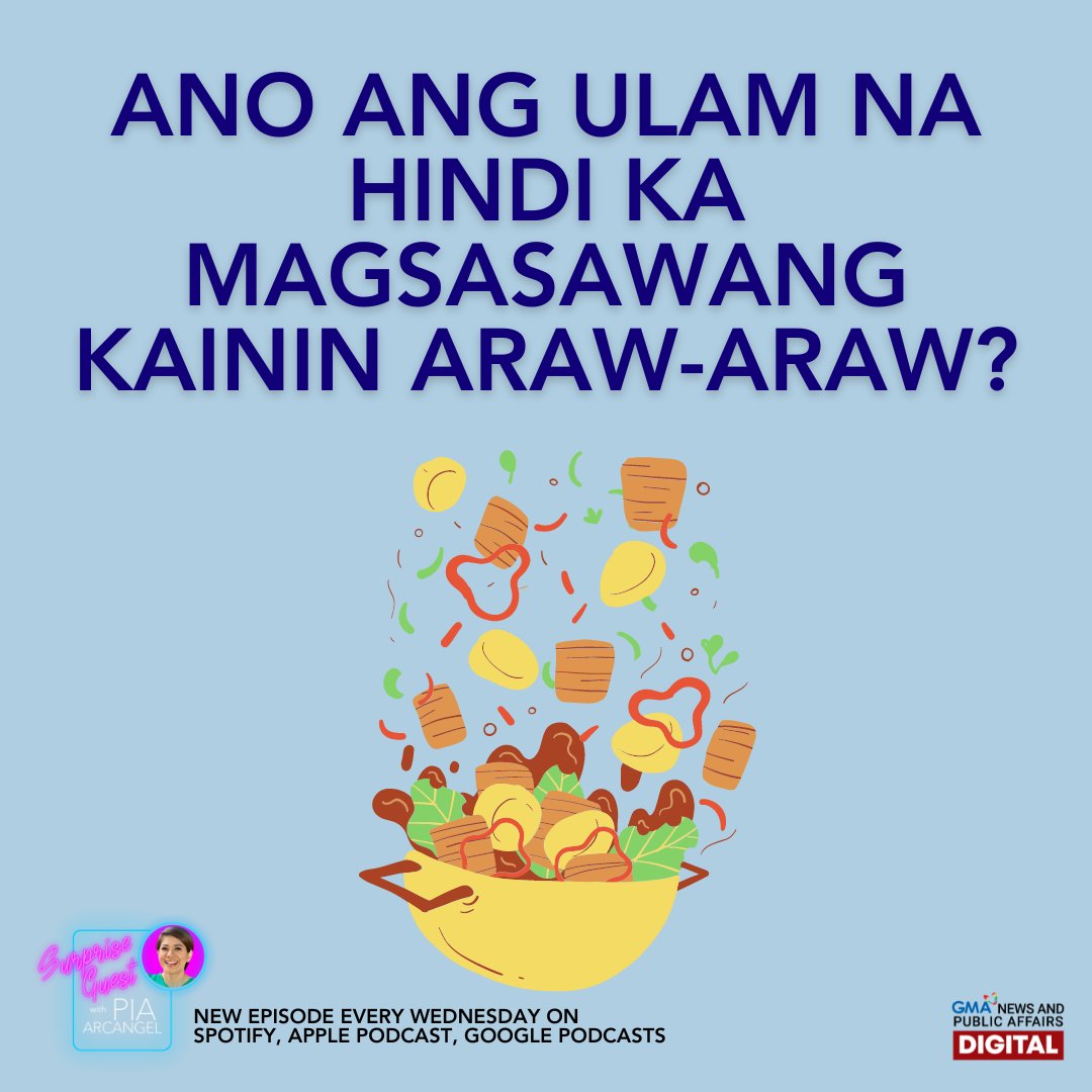 gmanews's tweet photo. ‘Yung pagkaing okay lang kainin mo araw-araw 🤣

Stream "Surprise Guest with Pia Arcangel" on:

Spotify: https://t.co/rZrAWYf9cS 
Apple Podcasts: https://t.co/DKL0syw5No 
Google Podcasts: https://t.co/GwelVoC2QF https://t.co/mq66zQHfWb