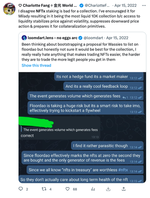 Very nice. Remilia made same conviction bet 12 months ago with NFTX, as well as sudoswap. At the time, other founders &amp; communities disagreed, but NFTfi was an inevitability for any generative collection with volume—and royalties unenforceable and unsustainable.