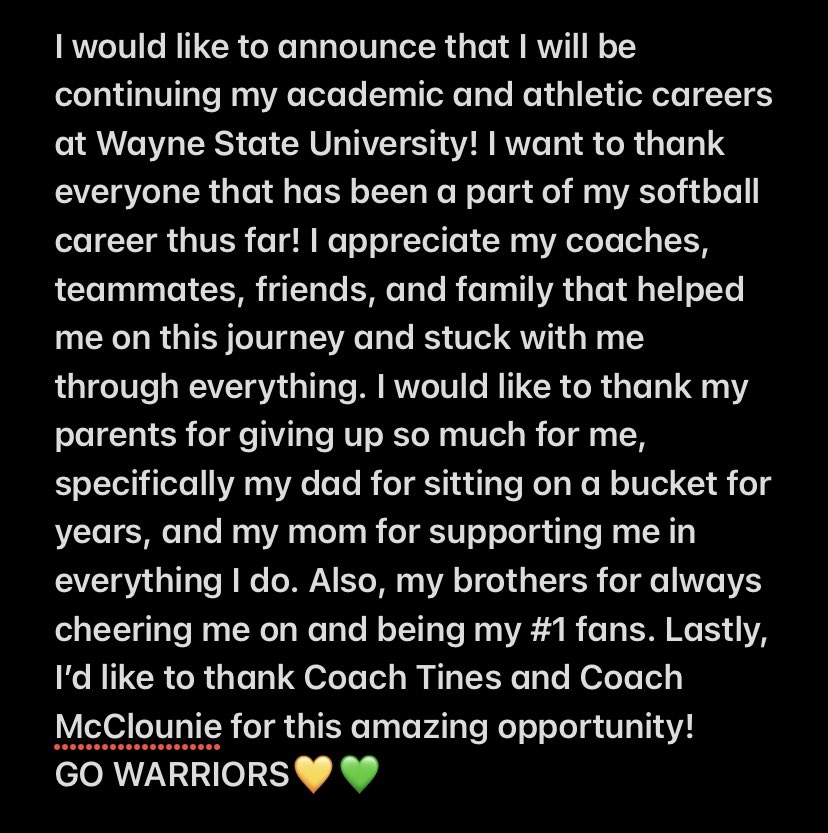 ellyson_koopman's tweet photo. Still can’t believe this is real!! Thanks to everyone who helped me along the way! Go Warriors 💛💚@WayneStateSB @colie_abes_12 @04_Finesse @CollegeBDJocks https://t.co/KUqZOTocyU
