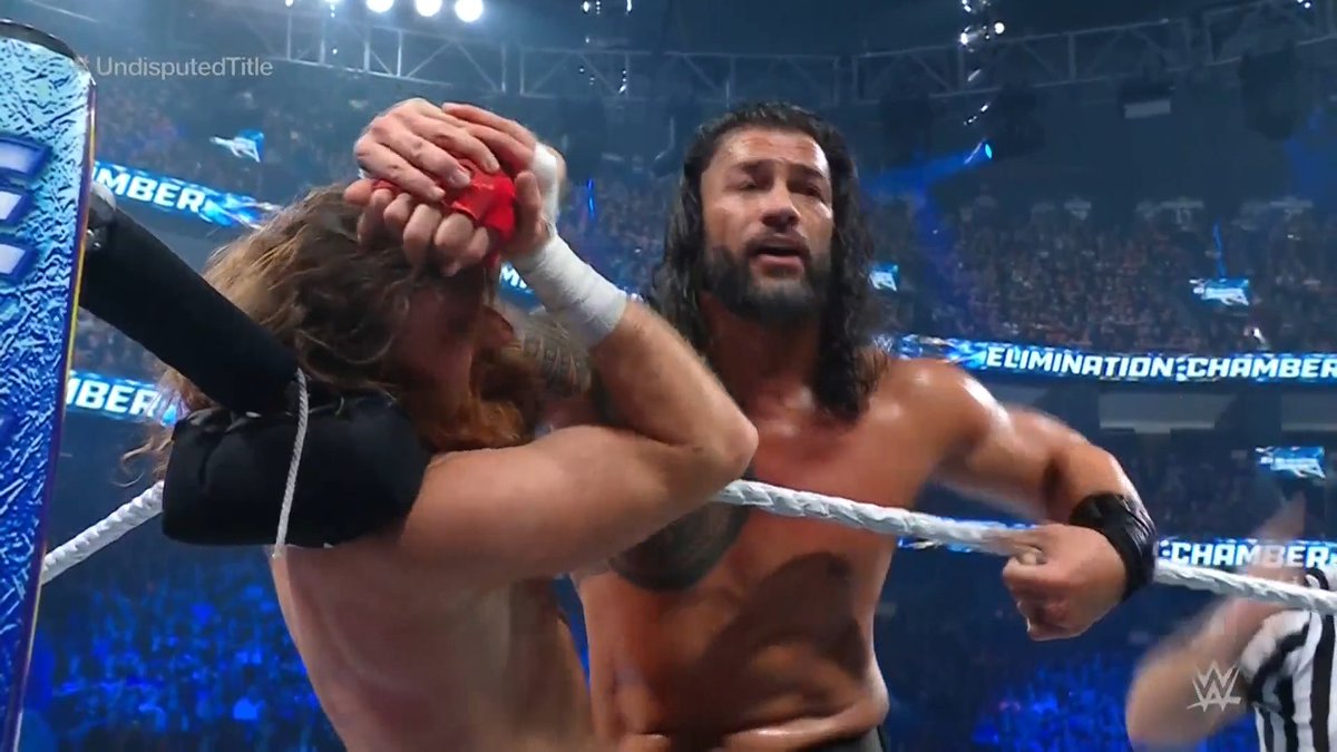 wweontnt's tweet photo. .@WWERomanReigns is NOT talking to @SamiZayn's wife right? 🙃

#WWEChamber https://t.co/xayBZOiMwn