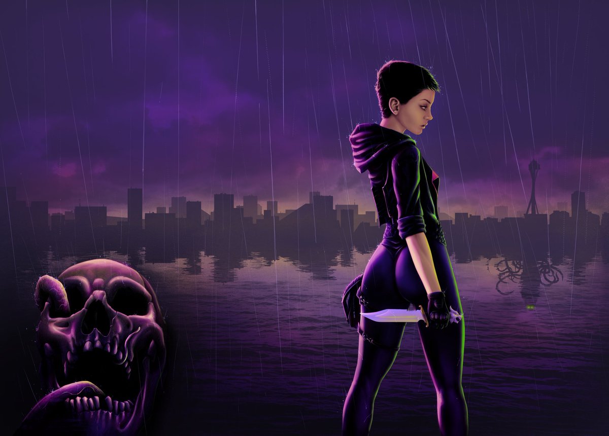 DarrenLCompton's tweet photo. Back to work on this. Added more background depth and remembered I wanted rain involved. Think this illustration might be almost done. 
#art #affinityphoto #noaiart #digitalart #bookcoverart #graveslinger #sequel #horror #thriller https://t.co/2ijBtcM6K2