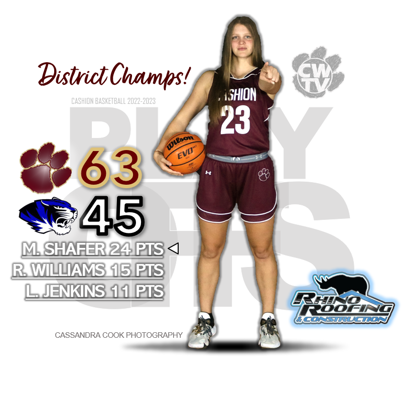 DISTRICT CHAMPS!
Wildcats with huge win over #16 Stroud to claim Area 3 District 1 Championship.

Cats hit TEN 3's on the night to spark the victory.
Sophomore M. Shafer with an epic night in the paint.

Girls will face CHA Thursday night 6 PM in Stroud.
cashionwildcats.tv