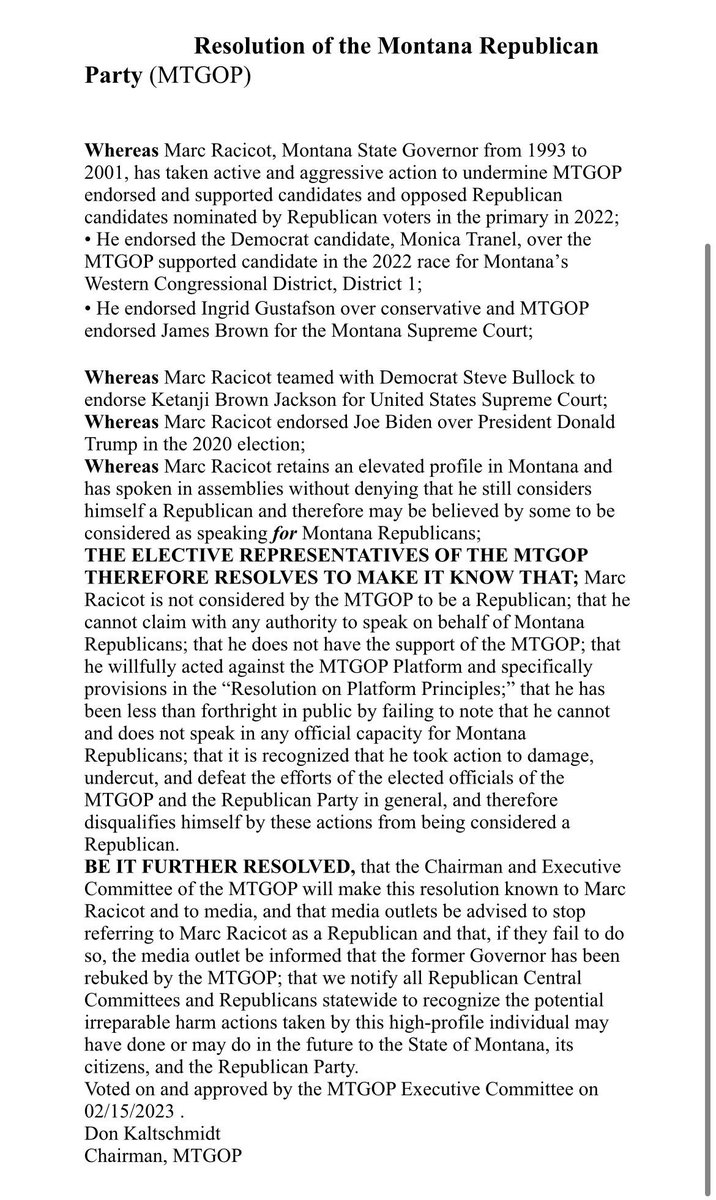 TheMontanaTimes's tweet photo. Montana Republicans officially excommunicate Marc Racicot 

GOP GUV of Montana 1993-2001

RNC Chair 2002-3 

Chairman of Bush reelection campaign 2004

This is an official declaration of war against every Republican that questions Trump and Q Anon Republicans 

 #mtpol https://t.co/EkRaGKq3oE