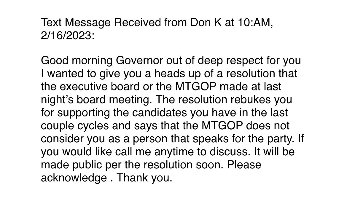 TheMontanaTimes's tweet photo. Montana Republicans officially excommunicate Marc Racicot 

GOP GUV of Montana 1993-2001

RNC Chair 2002-3 

Chairman of Bush reelection campaign 2004

This is an official declaration of war against every Republican that questions Trump and Q Anon Republicans 

 #mtpol https://t.co/EkRaGKq3oE