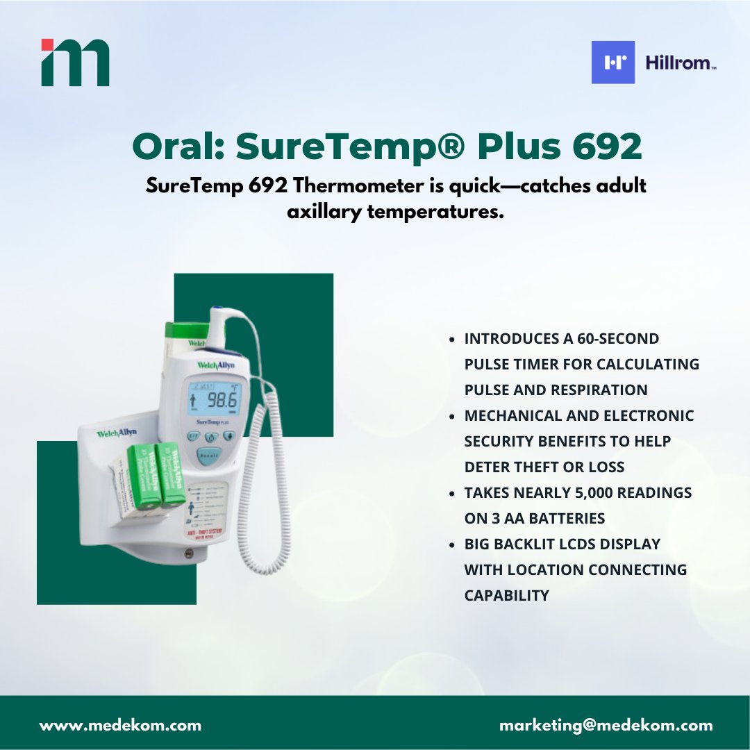 medekom_company's tweet image. You can have certainty the SureTemp 692 will convey correct information, repeatable readings on patients of all age groups. 

For more information Contact us: marketing@medekom.com

#medekom #AuniofDSSiamgetech #inspiredbytechnology #biotechnology #scienceandtechnology #covid