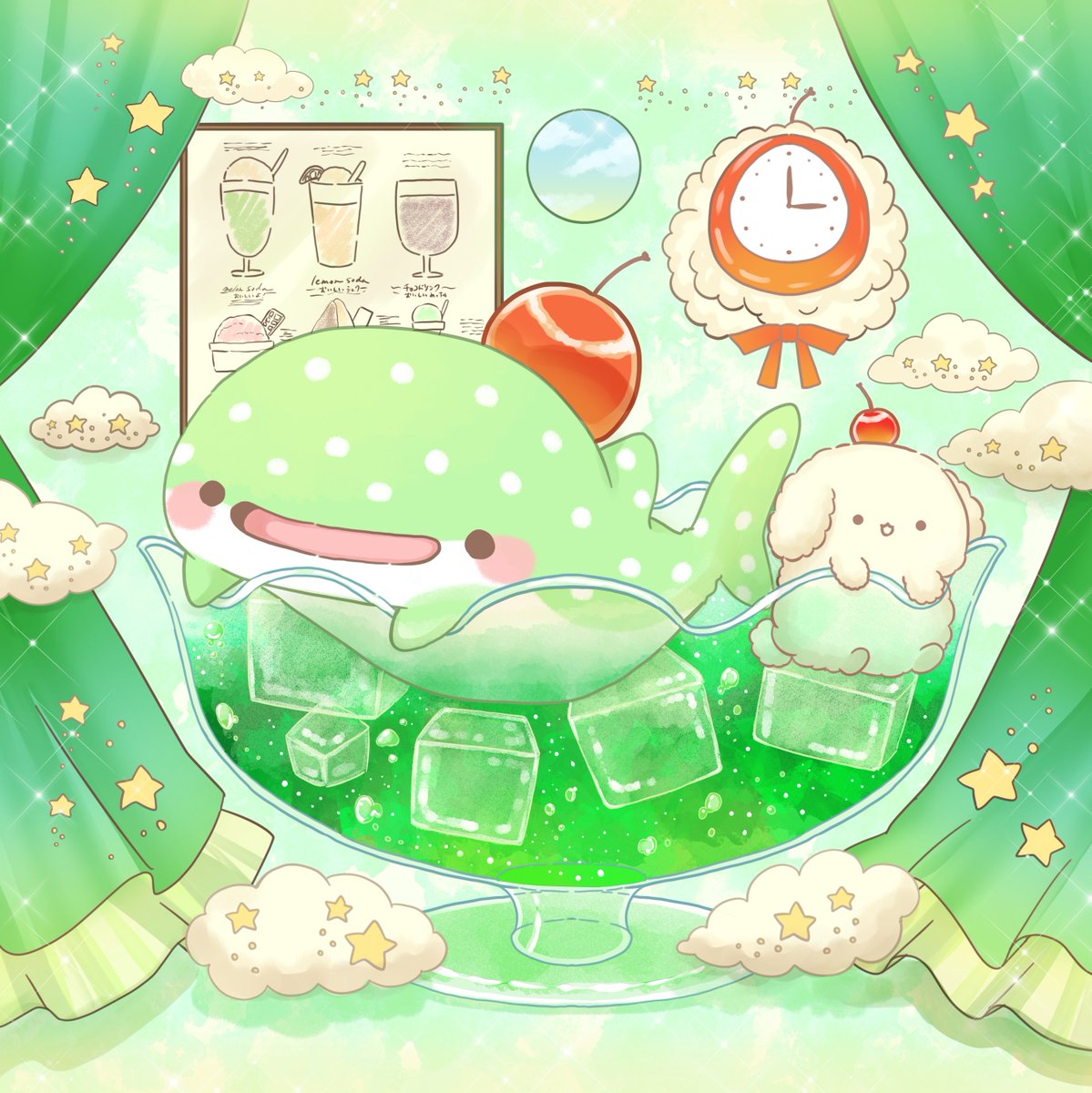 メロンソーダじんべえざめとクリームソーダわんこのお部屋