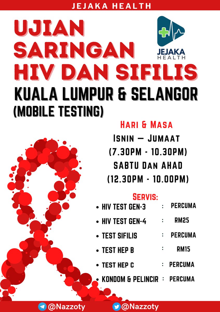 Nazzoty's tweet photo. Hi!! Naz ada buka slot untuk HIV test dan STD test. Sesiapa yang berminat nak buat HIV test dan STD test boleh contact Naz di Twitter atau Telegram!
Mobile testing sekitar Kuala Lumpur dan Selangor
Lokaliti: Setapak, Taman Melati, Gombak Setia, Wangsa Maju, Keramat dan berdekatan https://t.co/Xpt39HqCVI