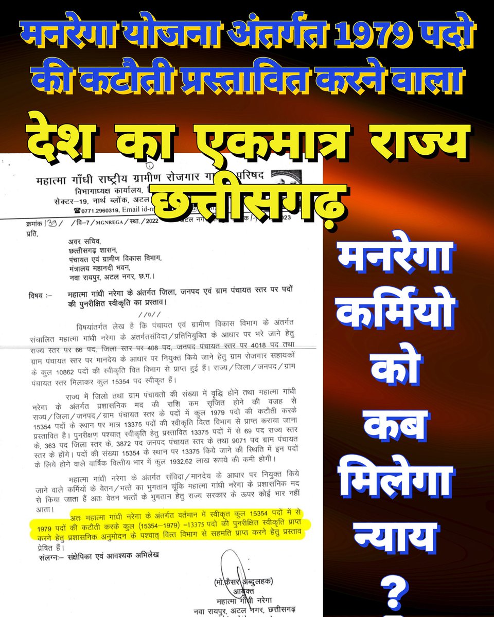 छत्तीसगढ़ मे मनरेगा योजना अंतर्गत 

1979 पदो की कटौती प्रस्तावित,
मनरेगा कर्मचारियो के स्वाभिमान पर वार 

मनरेगा कर्मचारी विरोधी भूपेश सरकार ?

क्या यही है कांग्रेस की कर्मचारी हितैषी नीति?

मनरेगा कर्मियो को है - न्याय की दरकार