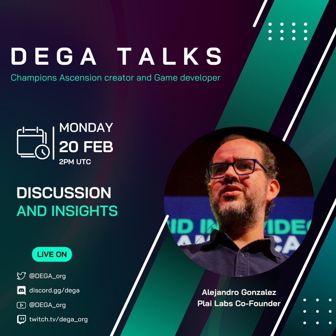 DEGA_org's tweet photo. 🎉 Exciting News, Degans! 🎉

We are thrilled to announce that our next #DEGA Talks episode will feature @alejobrainz, the creator and game developer behind @championsio 🎮🏆

🗓️ Save the Date: Feb 20, 2:00 PM UTC
🙌 Featuring: @alejobrainz x @freaketonft
📌 Venue: #DEGA #Discord https://t.co/NZsLPvS7dI