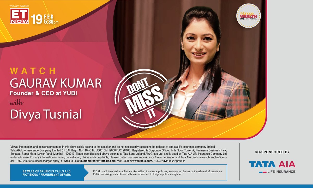 DivyaTusnial's tweet photo. Don't miss it. Watch the eleventh episode of
“Manage Wealth with Divya Tusnial" today at 5:30 pm exclusively on @ETNOWlive  with Gaurav Kumar, CEO &amp; founder at Yubi.
Radio Partner: @FeverFMOfficial 
.
#finance #business #money #investing #financialfreedom #financetips #yubi https://t.co/5xZgwCXAii