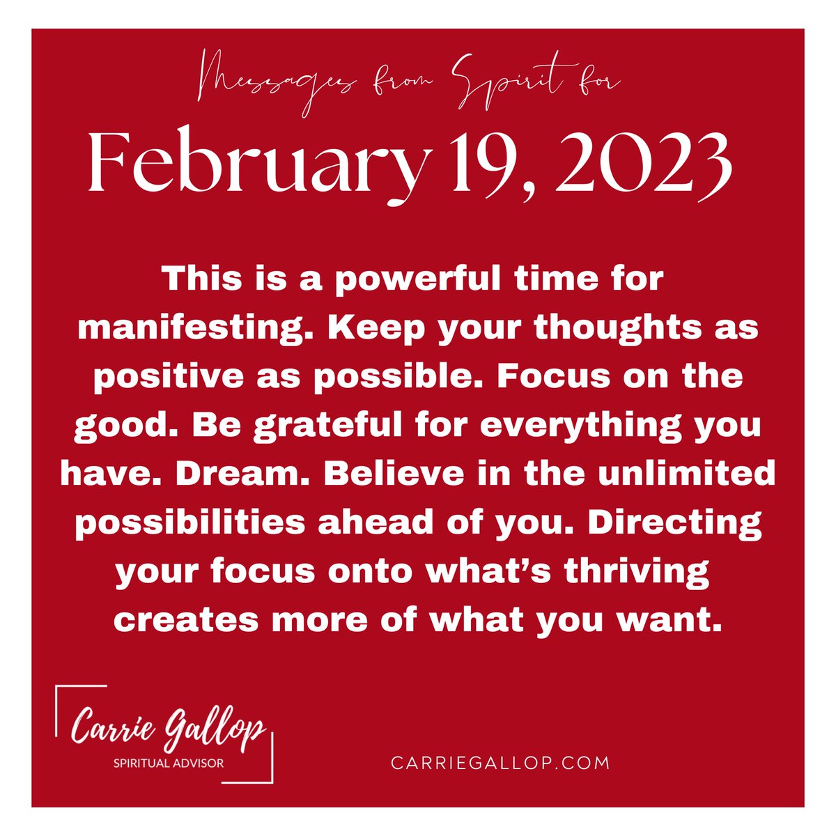 Messages From Spirit for February 19, 2023 ✨

#Daily #Guidance #Message #MessagesFromSpirit #February19 #Feb19 #Powerful #Manifesting #Manifestation #KeepYourThoughtsPositive #FocusOnTheGood #BeGrateful #Dream #Believe #UnlimitedPossibilities #Direct #Focus #Thrive