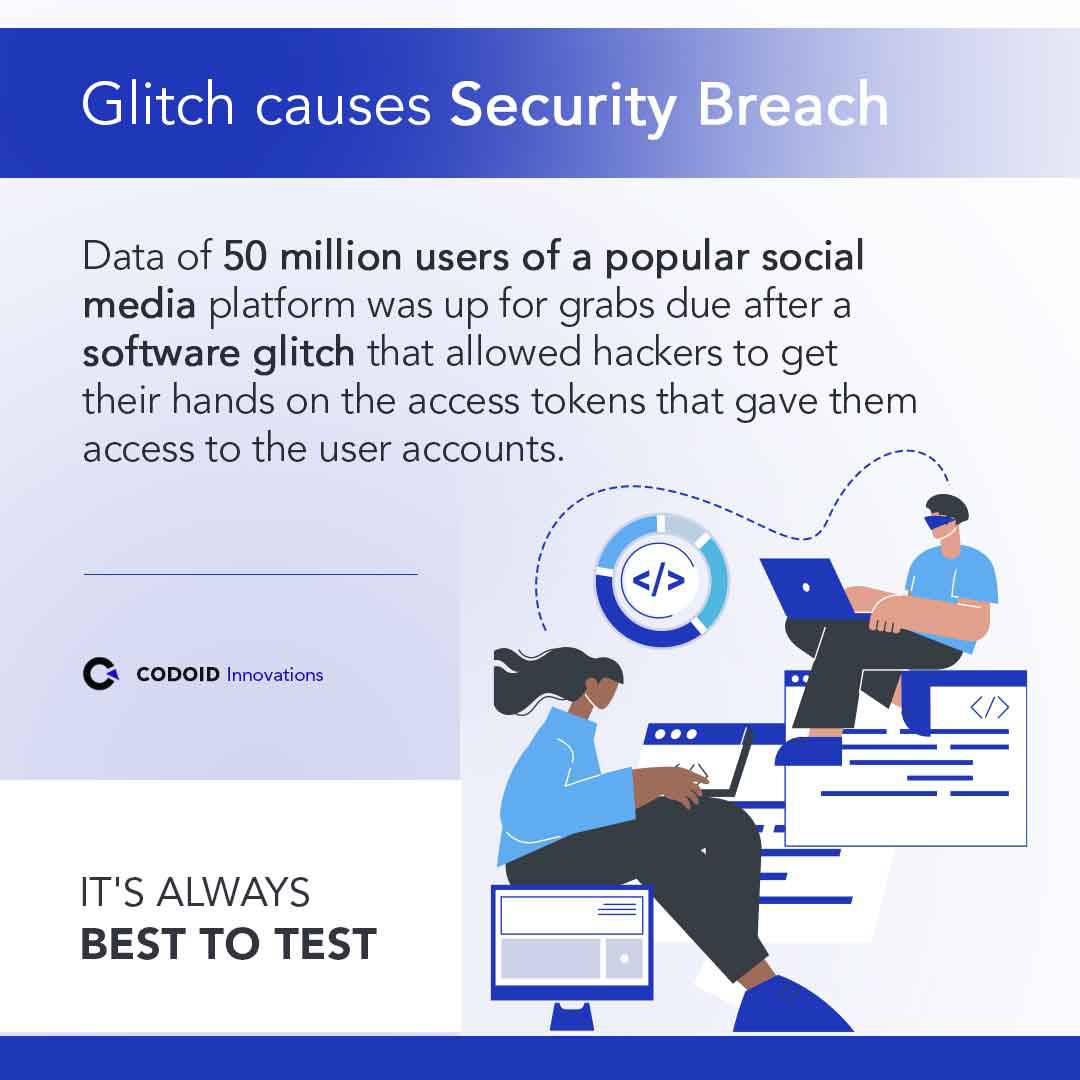 codoid's tweet image. Glitch causes Security Breach 

Data of 50 million users of a popular social media platform was up for grabs due after a software glitch that allowed hackers to get their hands on the access tokens

It&apos;s Always Best to Test

#codoid #alwaysbesttotest #besttotest #securitybreach