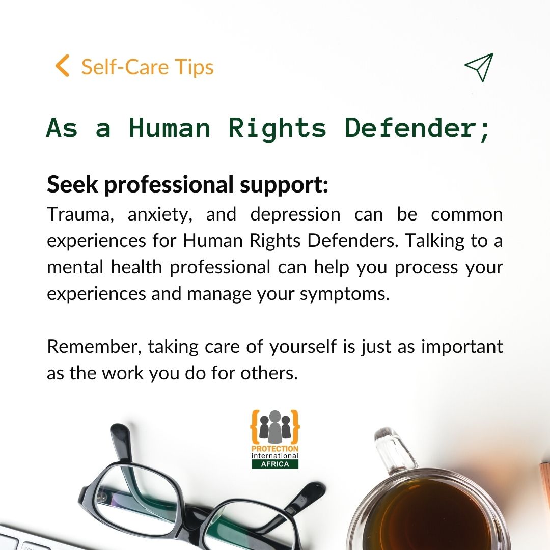 🟠📢Human Rights Defenders, seek professional help. 
Trauma, anxiety, &amp; depression can be common experiences in your work. A #mentalhealth professional can help you process your experiences. #selfcare is as important as the work you do for others.
#selfcaresunday #HumanRights
