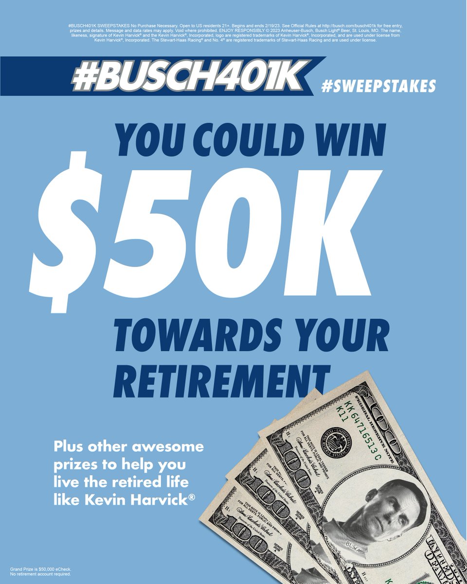 BuschBeer's tweet photo. It's race day #Daytona500 fans! 

Who’s ready to retire like Harvick? $50K and more epic prizes to help you live the retiree life are up for grabs during today’s race. Just follow us and tweet #Busch401K #Sweepstakes during every lap that ends in 4 and you could win! https://t.co/9eAQT7w73q