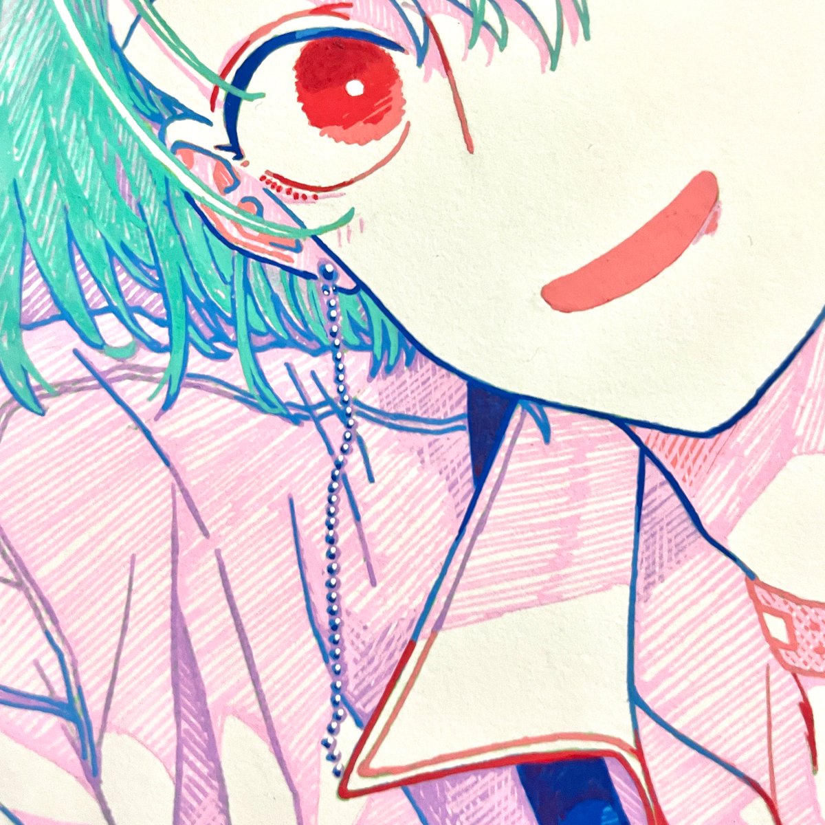 #理装像 展示作品のよくよく見てほしい原画萌えポイント
・死んだおさかなピアス
・イケメンの歯茎
・片方だけ肩についてたるんでるチェーンピアス
・白抜きまつげの陰影 