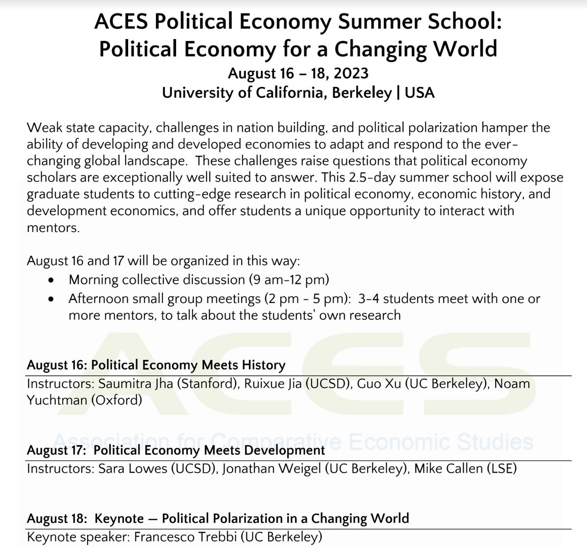 Summer School in Political Economy, 'Political Economy for a Changing World,' August 16 - 18, 2023 at UC Berkeley. Deadline April 15. Students please apply - it's a great chance to get exposure to a variety of political economy work. @ComparativeEcon