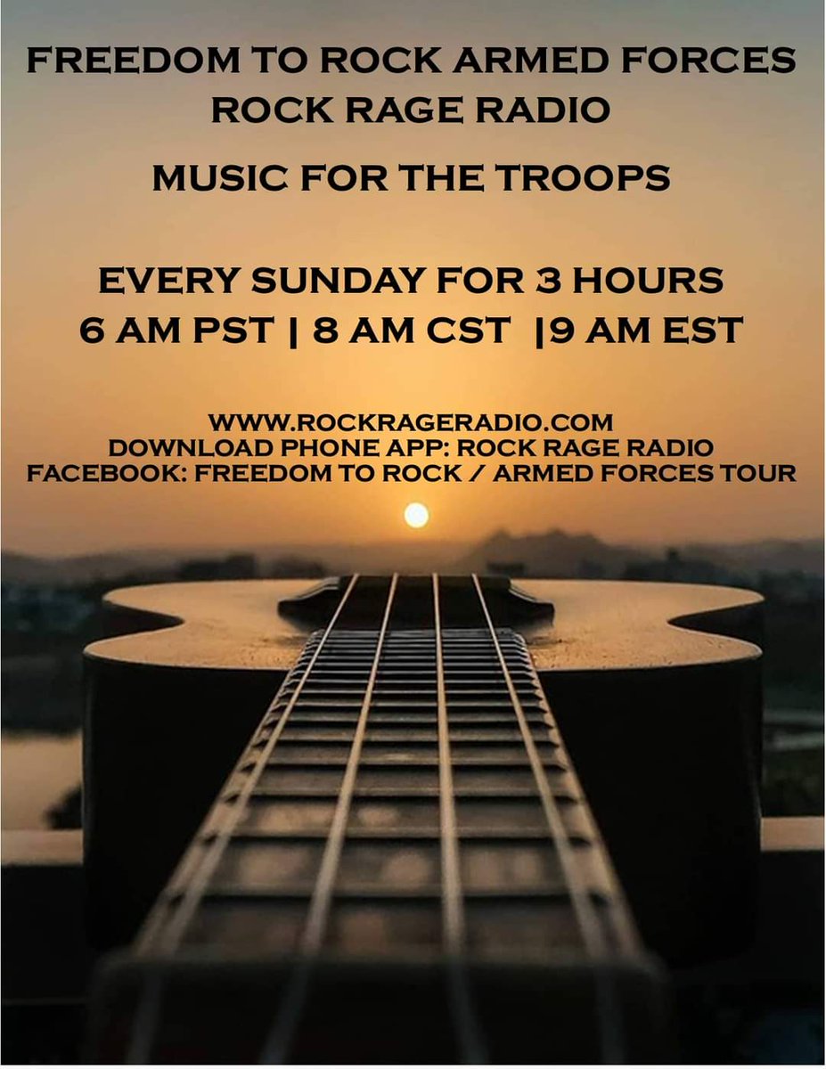 rockrageradio.com/shows/freedom-…
ALEXA PLAY ROCK RAGE RADIO !
Download PHONE APP: ROCK RAGE RADIO
FREEDOM TO ROCK / ROCK RAGE RADIO supports the troops with the gift of music. When words fail music speaks. We are on every
Sunday for 3 hours from 6 am PST | 8 am CST | 9 am EST.