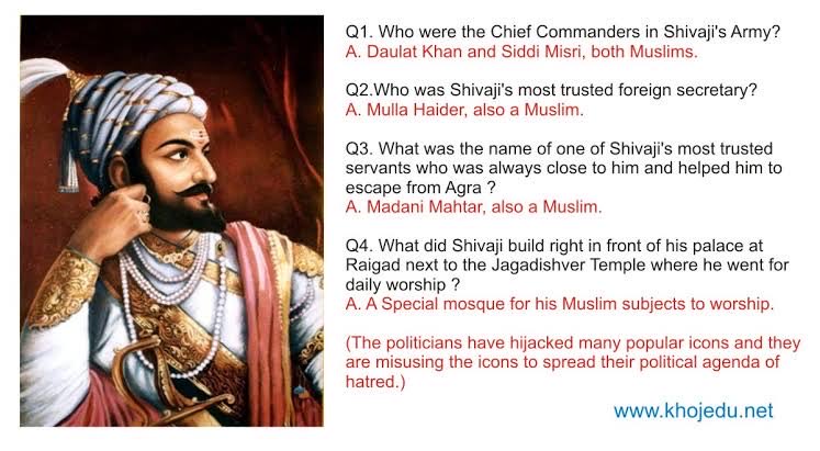 TeestaSetalvad's tweet photo. Know yr History!There were atleast 13 major Muslim commanders/soldiers in Shivaji's army:Siddhi Hilal,Daulat Khan,Ibrahim Khan,Kazi Haider,Siddi Ibrahim,Siddi Wahwah,Noorkhan Beg,Shama Khan,Hussain Khan Miyani,Siddi Mistri,Sultan Khan, Dawood Khan &amp;Madari Mehetar #shivajijayanti https://t.co/muhWAXMKJV