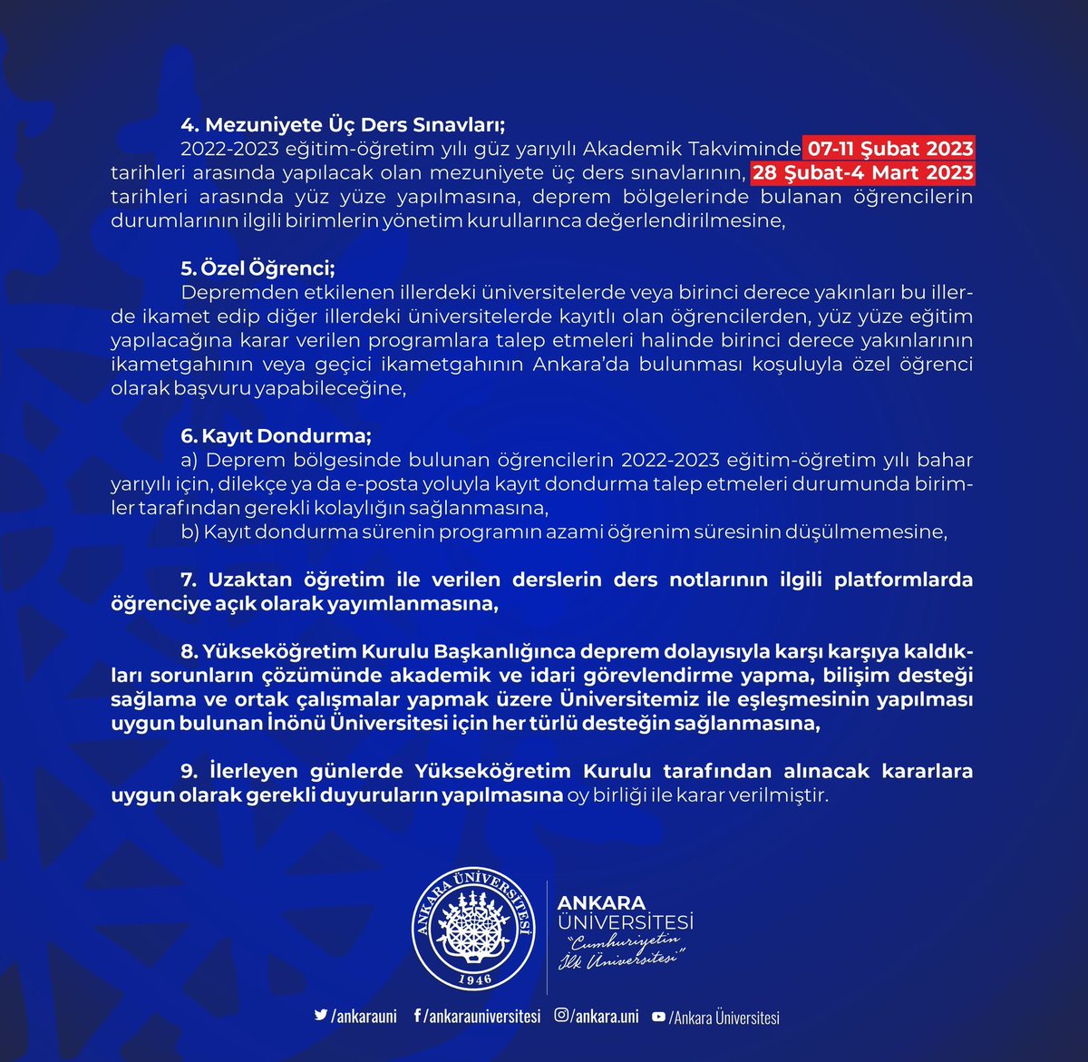 Üniversitemiz Senatosunun, 2022-2023 Bahar Yarıyılı İle İlgili Almış Olduğu 17.02.2023 Tarihli Kararlar. <a href="/AnkaraUni/">Ankara Üniversitesi</a>