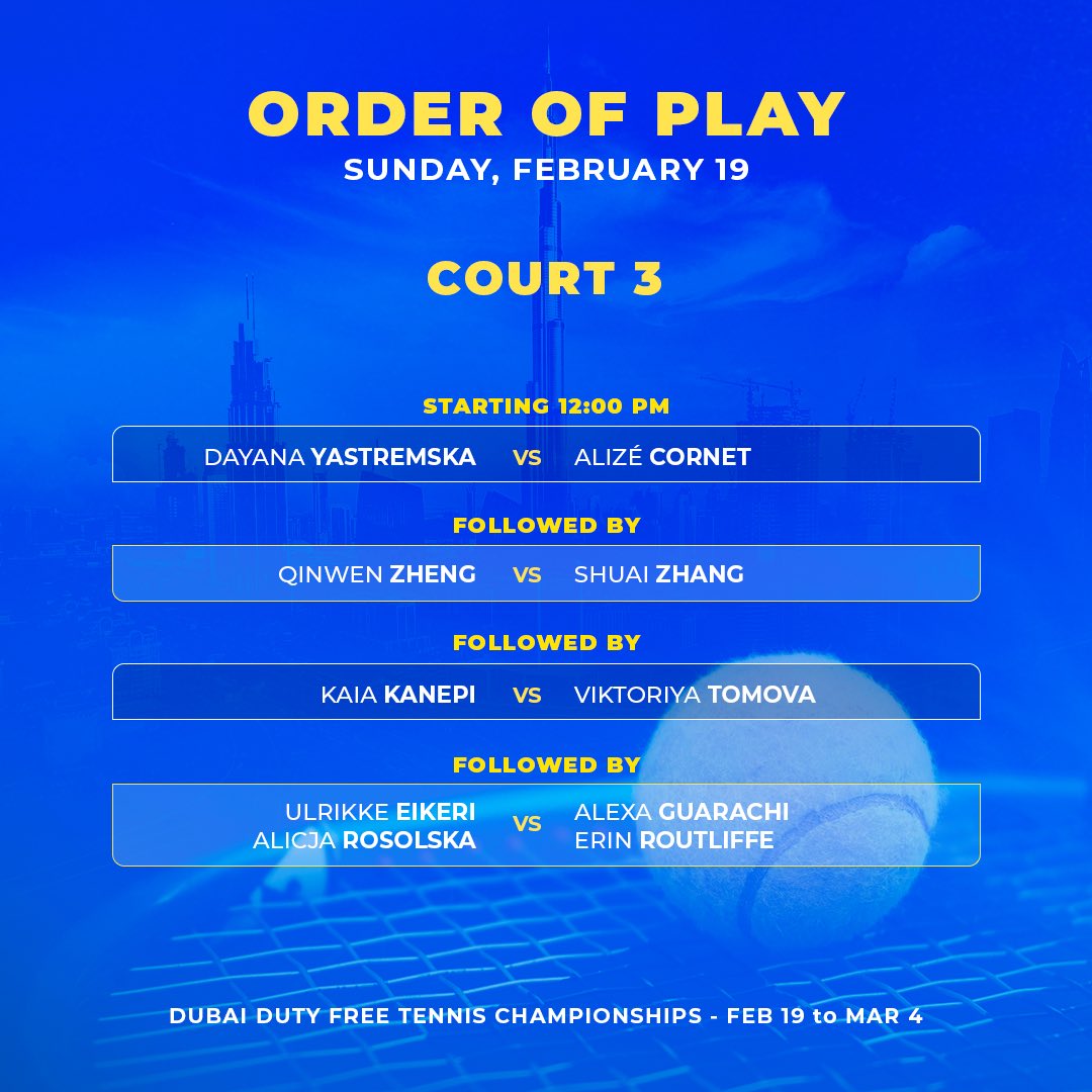 Dubai Tennis Championships 2023 schedule, Order of play today