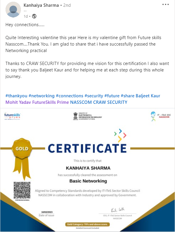 crawsec's tweet photo. Congratulations Mr. Kanhaiya Sharma for this achievement, Keep Learning and grow more!
.
.
#crawsec #certification #training #achivements #cybersecurity #ethicalhacking #hackers #cybersecuritytraining #cybersecurityawareness #basicnetworking #networking https://t.co/xOSzpa2jwb