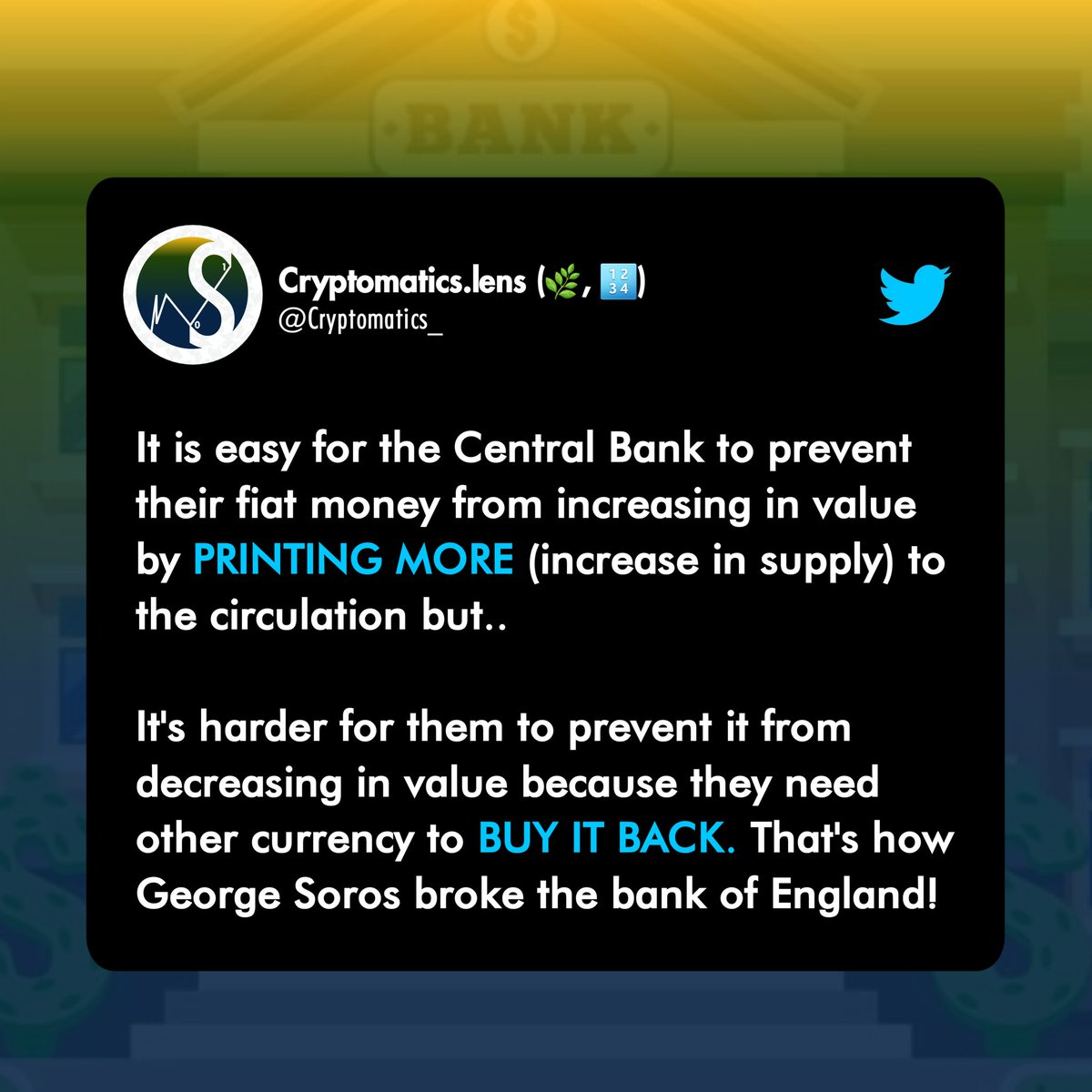 cryptomatics_'s tweet image. Gm Cryptomatician!👷
Know any other who has broken another bank with his financial market skills? 😃

Tell us in the comment.
👇👇

Retweet this post &amp;amp; FOLLOW us on Lens: ➡️ lenster.xyz/u/cryptomatics

#CrackTheCodes with @Cryptomatics_
#Crypto #Web3 #Blockchain #Bitcoin #Ethereum